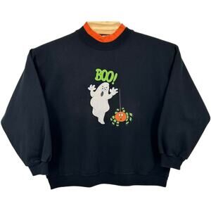 Vintage 90s Women's Happy Halloween 'Boo' Double Collared Crewneck Sweatshirt XL